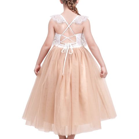 Girls Dress Beige Lace Tulle Hollow Back Wedding Party Birthday Size 5-10 Years
