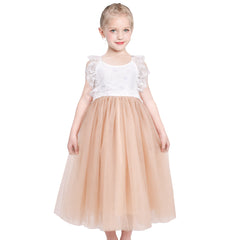 Girls Dress Beige Lace Tulle Hollow Back Wedding Party Birthday Size 5-10 Years