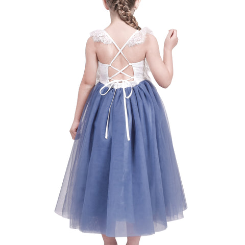 Girls Dress Blue Lace Tulle Hollow Back Halter Dance Princess Formal Size 5-10 Years