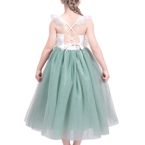 Girls Dress Green Lace Tulle Hollow Back Halter Elegant Bridesmaid Size 5-10 Years