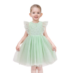 Girls Dress Green Lace Sequin Butterfly Pearl Tutu Tulle Flying Sleeve Size 4-8 Years