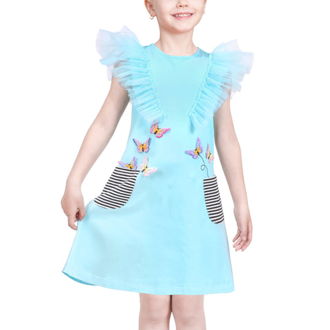 Girls Dress Blue T-shirt Pocket Embroidery Butterfly Tulle Flutter Sleeve Size 4-8 Years
