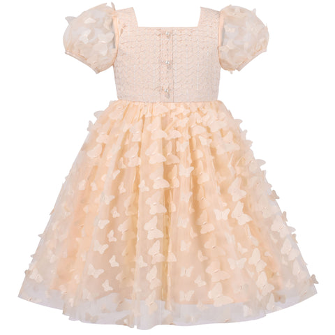 Girls Dress 3D Butterfly Beige Heart Lace Top Square Collar Short Sleeve Size 5-10 Years