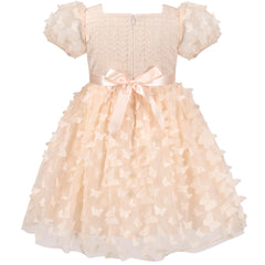 Girls Dress 3D Butterfly Beige Heart Lace Top Square Collar Short Sleeve Size 5-10 Years