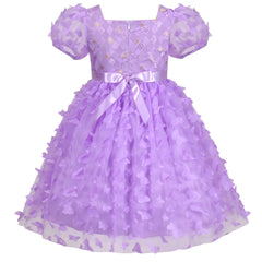 Girls Dress 3D Butterfly Purple Plaid Lace Top Square Collar Short Sleeve Size 5-10 Years