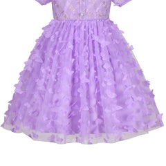 Girls Dress 3D Butterfly Purple Plaid Lace Top Square Collar Short Sleeve Size 5-10 Years
