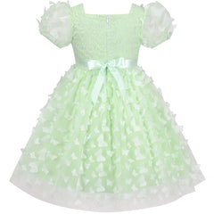 Girls Dress 3D Butterfly Green Floral Lace Top Square Collar Short Sleeve Size 5-10 Years