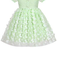 Girls Dress 3D Butterfly Green Floral Lace Top Square Collar Short Sleeve Size 5-10 Years