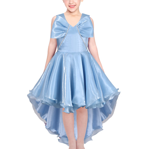 Girls Dress Blue Hi-lo Pearl Organza Bow Tie Party Pageant Wedding Size 6-12 Years