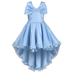 Girls Dress Blue Hi-lo Pearl Organza Bow Tie Party Pageant Wedding Size 6-12 Years