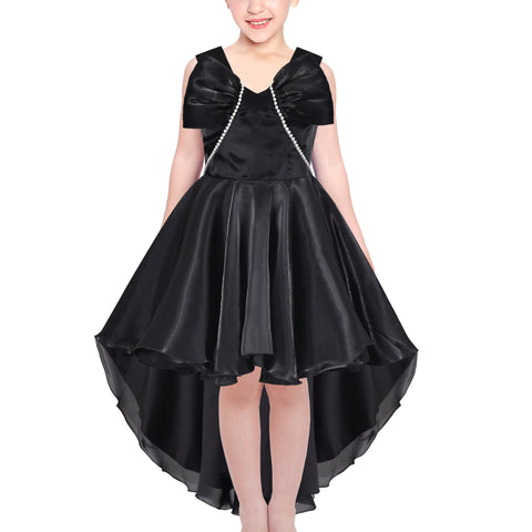 Girls Dress Black Hi-lo Pearl Organza Bow Tie Formal Pageant Ball Gown Size 6-12 Years