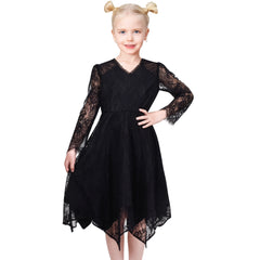 Girls Dress Black Floral Lace Long Mesh Sleeve Birthday Party Elegant Pageant Size 7-14 Years