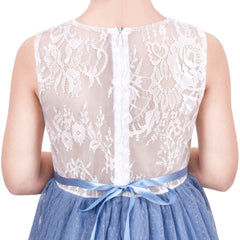 Girls Dress White Lace Blue Layered Ruffle Wedding Birthday Hollow Back Size 5-10 Years