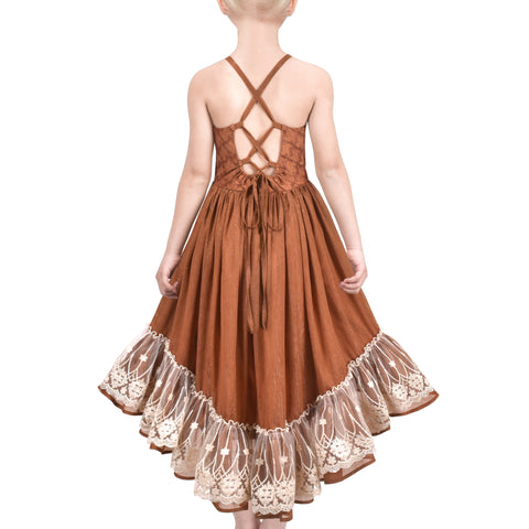 Girls Dress Brown Hi-low Lace Trim Halter Party Pageant Elegant Size 6-12 Years