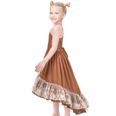 Girls Dress Brown Hi-low Lace Trim Halter Party Pageant Elegant Size 6-12 Years