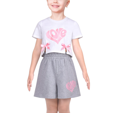 Girls T-shirt Top Short Pants Gym Active White Gray Heart Size 4-10 Years