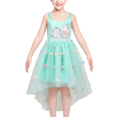 Flower Girls Dress Green Embroidery Hi-lo Wedding Bridesmaid Pageant Size 6-12 Years
