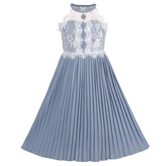 Girls Dress Haze Blue Halter Princess Pleated Formal Party Wedding Size 6-12 Years