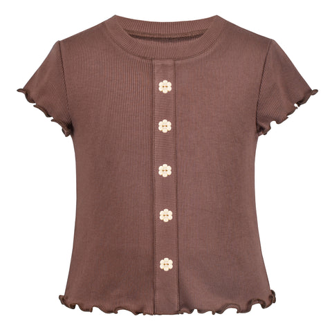 Girls T-shirt Crop Top Brown Lettuce Trim Ribbed Knit Button Casual Size 4-10 Years