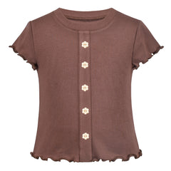 Girls T-shirt Crop Top Lettuce Trim Ribbed Knit Button Casual Size 4-10 Years