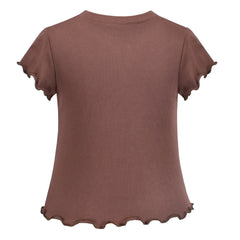 Girls T-shirt Crop Top Lettuce Trim Ribbed Knit Button Casual Size 4-10 Years