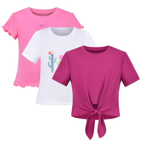 Girls Crop Top 3-Pack Rib-Knit Tie Knot Hem Basic Cozy Daily Casual Short Size 4-10 Years