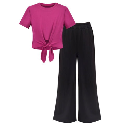 Girls 2 Piece Set Crop Top Straight Leg Pants Rib-Knit Casual Wear Size 4-10 Years