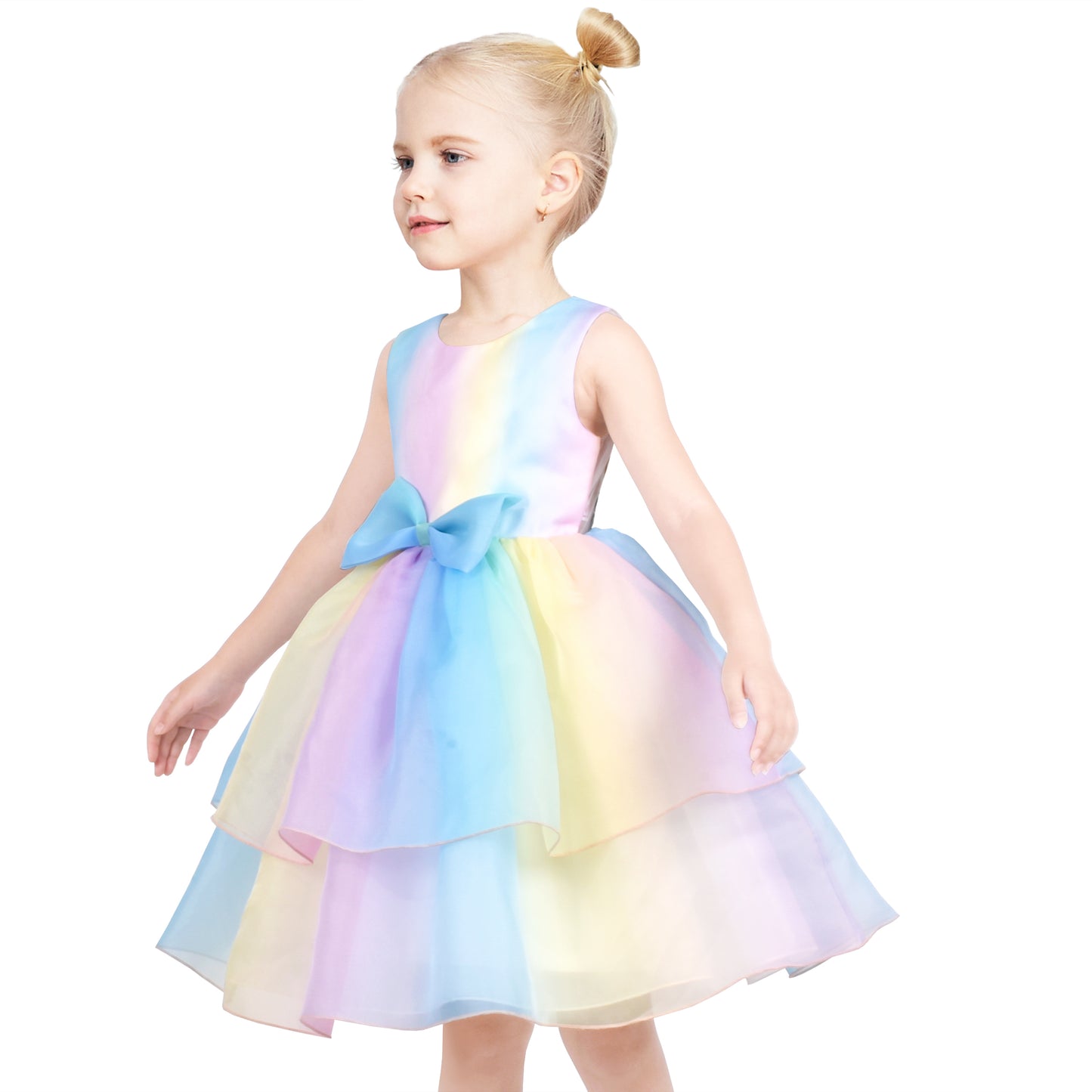 Girls Dress Multicolor Rainbow Bow Tie Butterfly Tulle Party Princess Size 4-14 Years