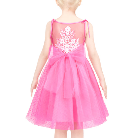 Girls Dress Pink Polka Dot Retro Flower Embroidery Bow Tie Formal Party Size 6-12 Years