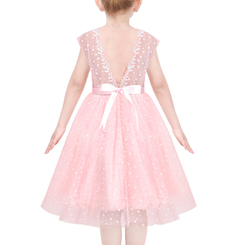 Girls Dress Pink Polka Dot Flower Leaf Fairy Princess Elegant Party Size 6-12 Years