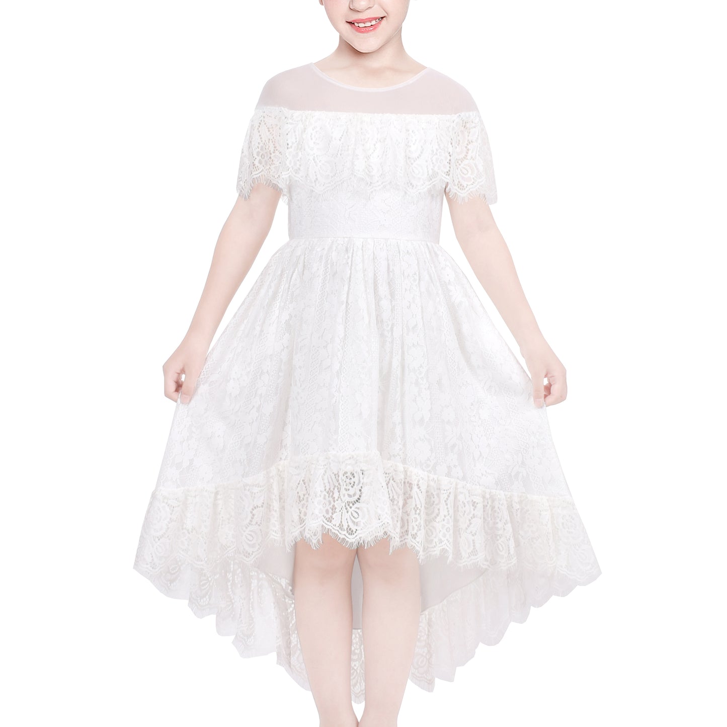 Girls Dress Lace Floral Hi-low Off Shoulder Pageant Bridesmaid Size 4-12 Years