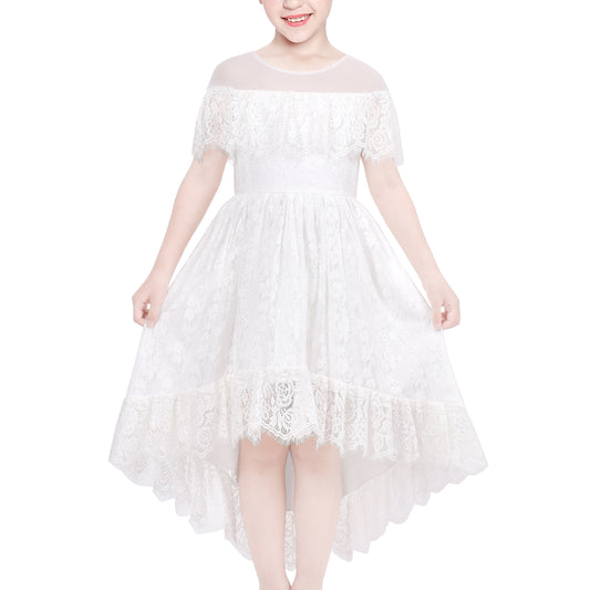 Girls Dress Lace Floral Hi-low Off Shoulder Pageant Bridesmaid Size 4-12 Years