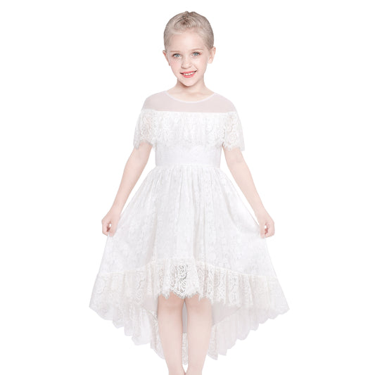 Girls Dress Lace Floral Hi-low Off Shoulder Pageant Bridesmaid Size 4-12 Years