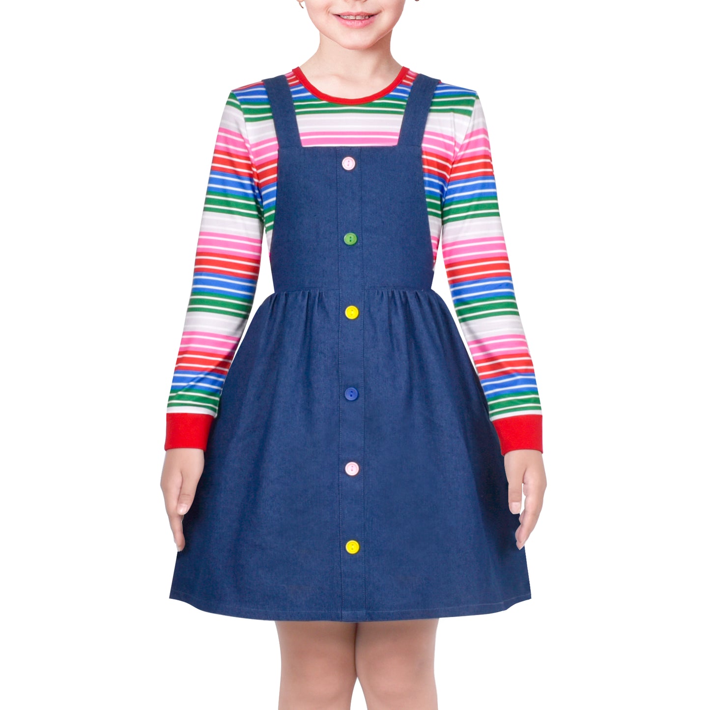 Girls Outfit Set 2 Piece Suspender Denim Button Striped Tee Size 4-12 Years