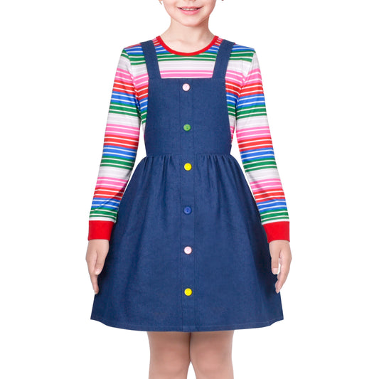Girls Outfit Set 2 Piece Suspender Denim Button Striped Tee Size 4-12 Years