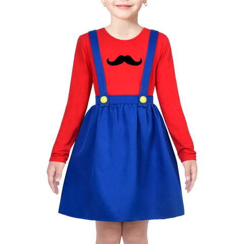 Girls Outfit Set 3 Piece Blue Suspender Red Tee Mustache Halloween Size 4-10 Years