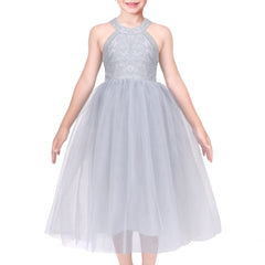 Girls Dress Gray Halter Neck Party Lace Tulle Elegant Sleeveless Size 6-12 Years