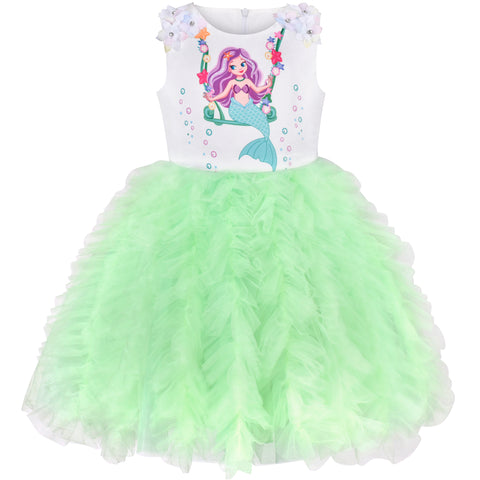 Girls Dress Birthday Mermaid Floral Ruffle Party Tutu Tulle Sleeveless Size 1-8 Years