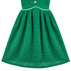 Girls Dress Green Tweed Christmas Pearl Sequin Wavy Long Sleeve Party Size 6-12 Years
