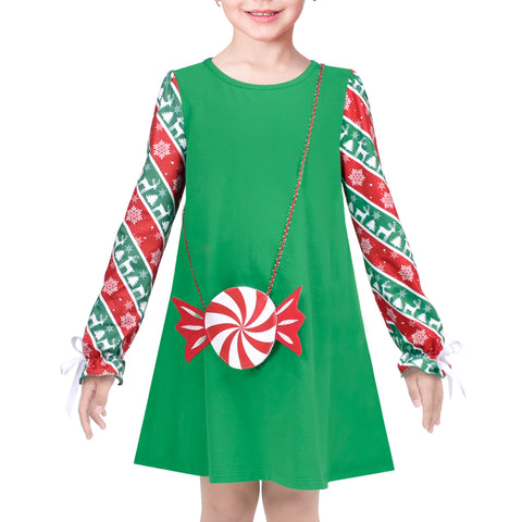 Girls Dress 2 Piece Red Green Tree Christmas Candy Canes Bag Snowflake Size 4-8 Years
