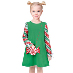 Girls Dress 2 Piece Red Green Tree Christmas Candy Canes Bag Snowflake Size 4-8 Years