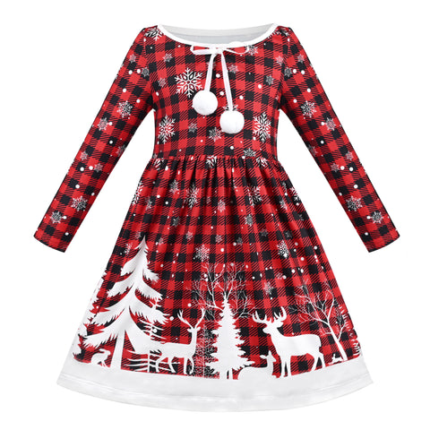 Girls Dress Red Christmas Snowflake Tree Long Sleeve Winter Holiday Size 5-10 Years