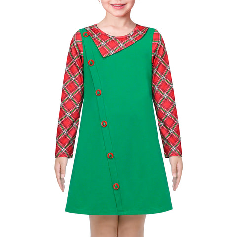 Girls Dress Green Red Plaid Christmas Tree Button Asymmetrical Size 4-8 Years