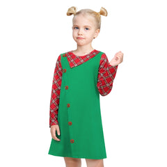 Girls Dress Green Red Plaid Christmas Tree Button Asymmetrical Size 4-8 Years