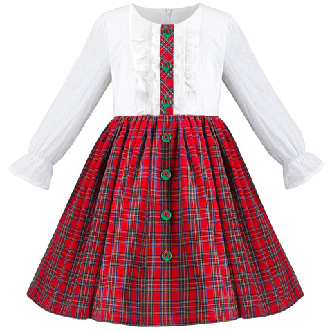 Girls Dress Red White Button Checks Plaid Christmas Holiday New Year Size 6-12 Years
