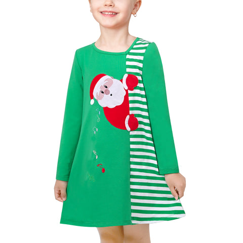 Girls Dress Green Shirt Santa Asymmetrical Striped Piano Christmas Casual Size 4-8 Years