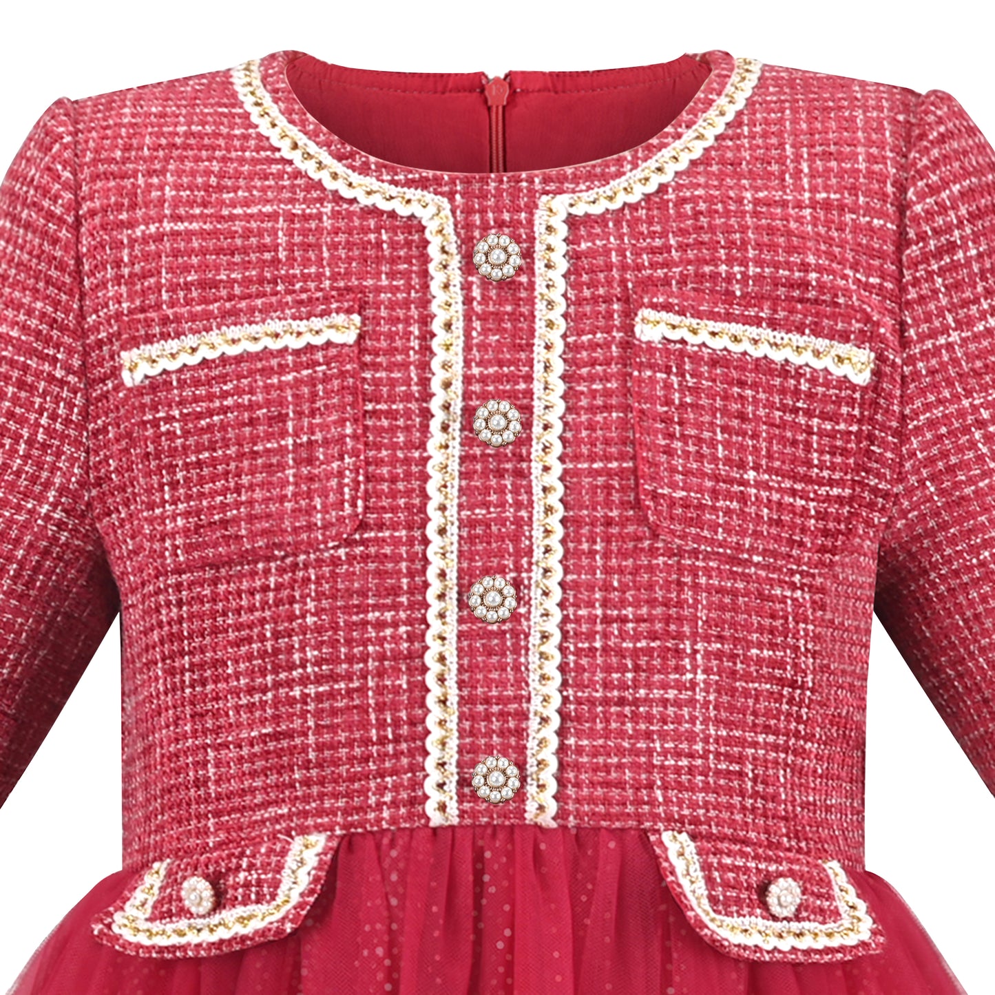 Sunny Fashion Girls Elegant Red Tweed Tulle Party Dress