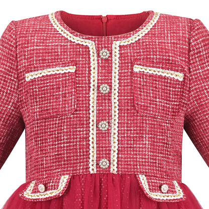 Sunny Fashion Girls Elegant Red Tweed Tulle Party Dress
