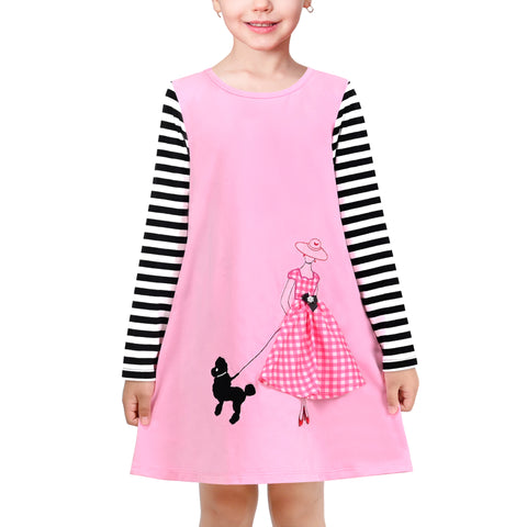 Girls Dress Pink Cartoon Lady Walking Dog Embroidery Plaid Long Sleeve Size 4-8 Years