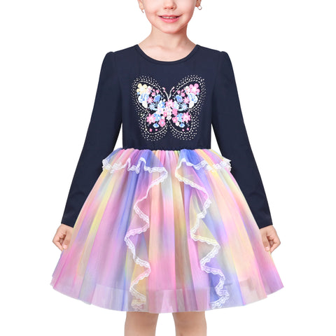 Girls Dress Rainbow Blue Tee Butterfly Floral Lovely Lace Tulle Party Size 4-8 Years
